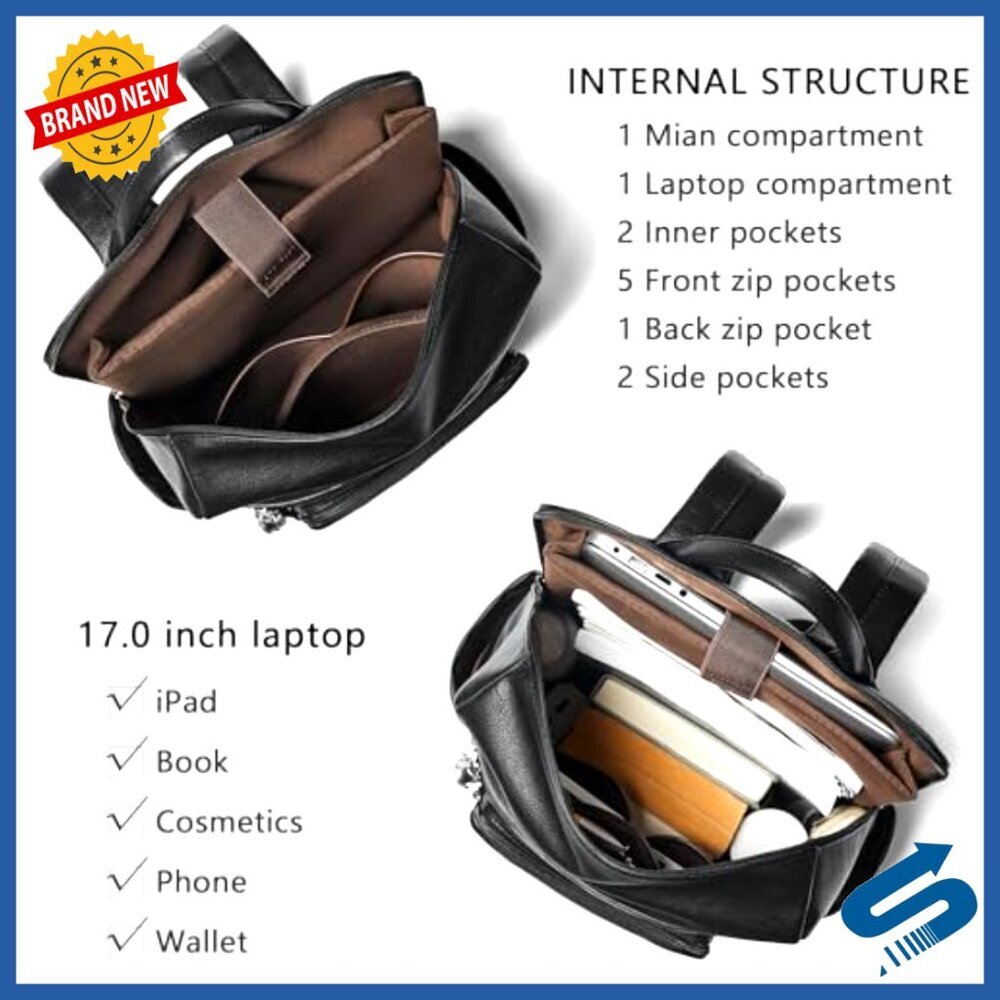 Large Travel Laptop Backpack Vegan Leather Waterproof Business College Work - Picture 4 of 6